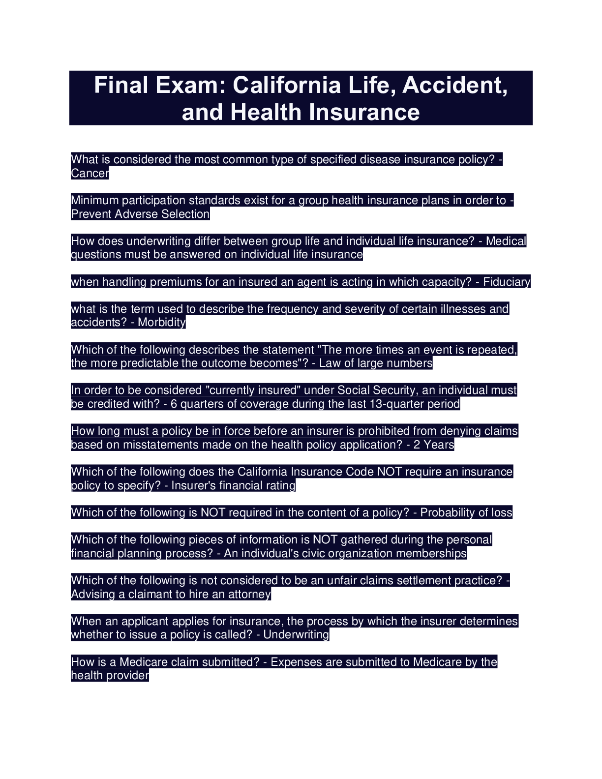 Preview image for Final Exam: California Life, Accident, and Health Insurance latest update